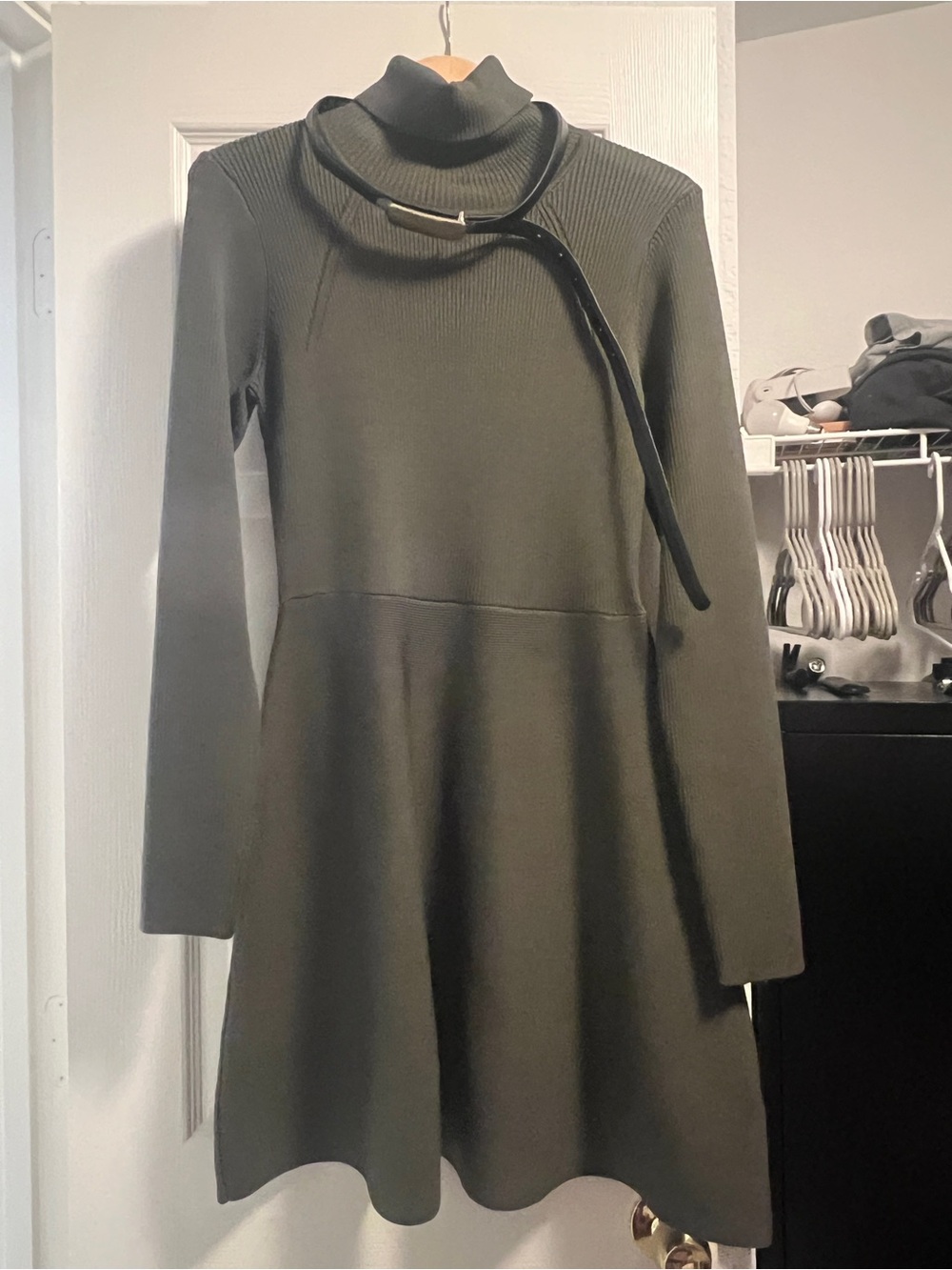 Ribbed Turtleneck Long Sleeve Commense Dress with belt - Olive Green - Picture 1 of 2